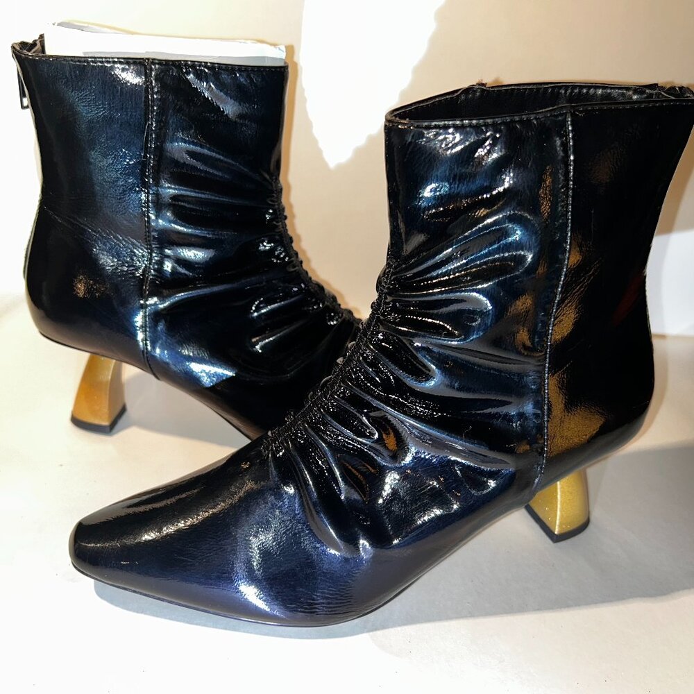 Shoe Republic LA, Shiny Black Ankle Boots with Front Ruching & Funky Gold Heels.